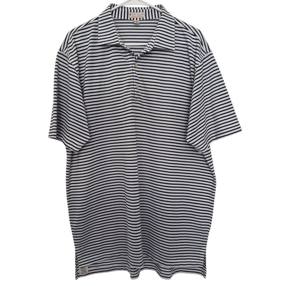 Peter Millar Mens LARGE Summer Comfort Polo Golf Shirt Striped White Blue Knit